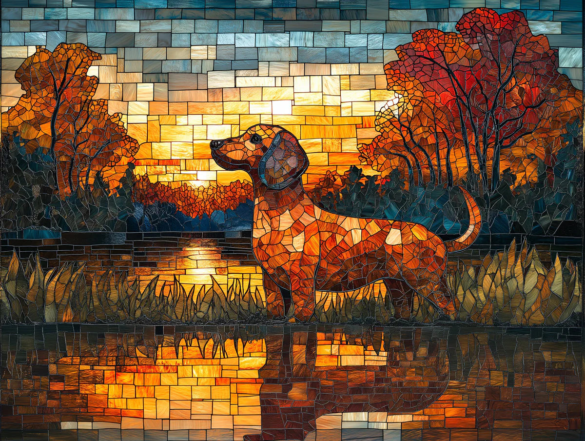 Autumn Dachshund Mosaic Mural Wallpaper — Vibrant Scenic Art Mural Wallpaper - room preview 02