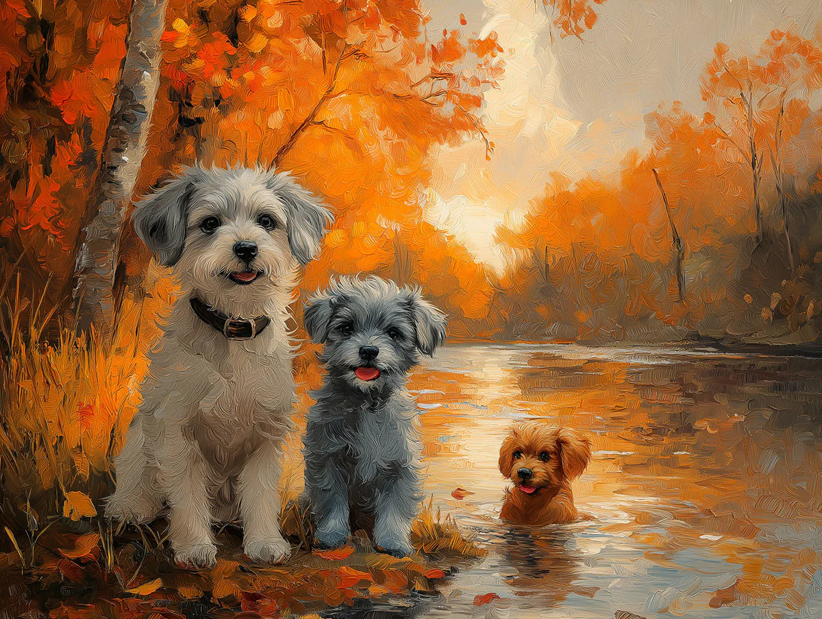 Bichon Frises in Autumn Forest Mural Wallpaper — Realistic Art Mural Wallpaper - room preview 02
