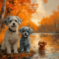 Bichon Frises in Autumn Forest Mural Wallpaper — Realistic Art Mural Wallpaper - room preview 02