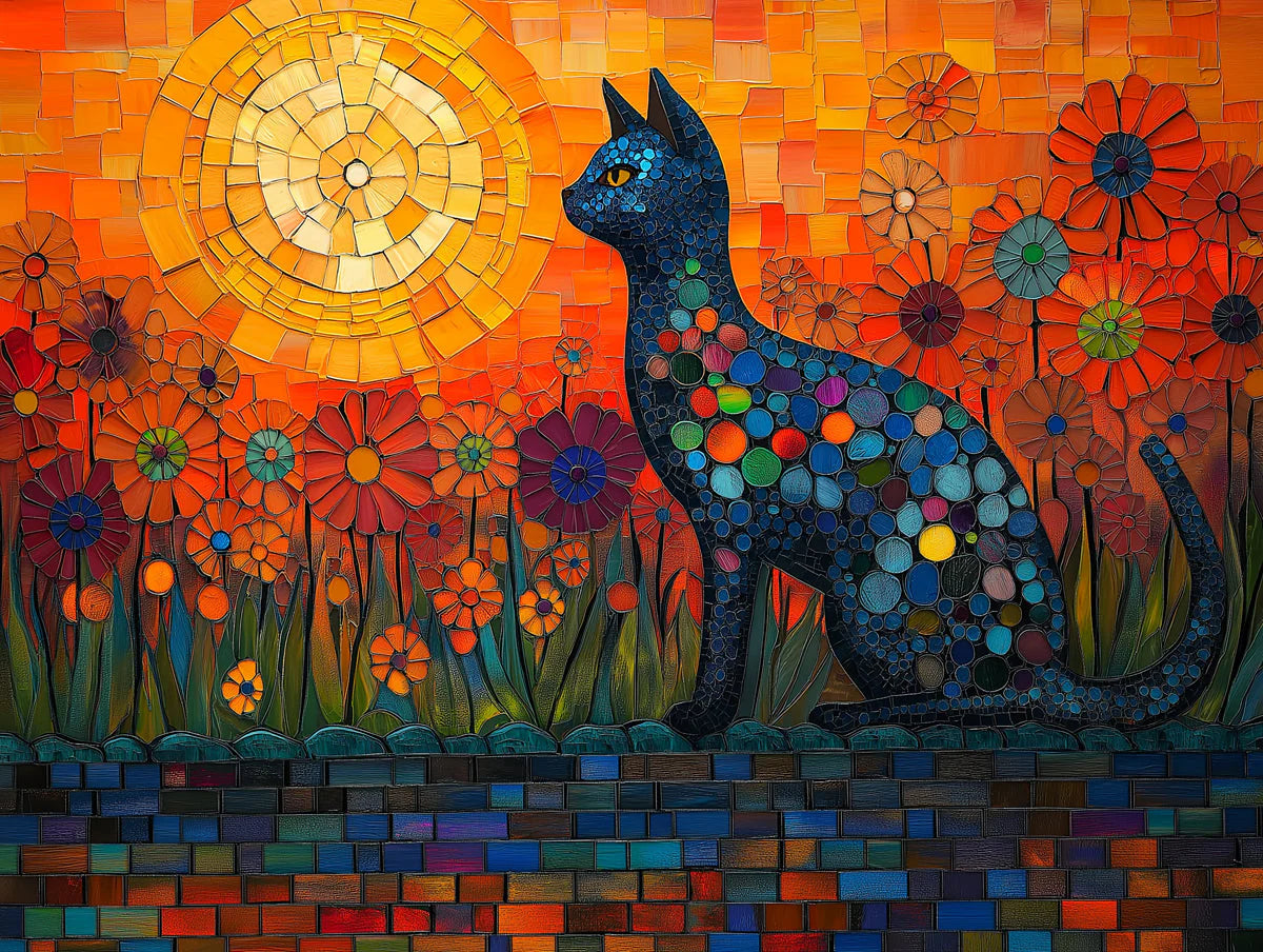 Mosaic Cat and Floral Sun Mural Wallpaper — Artistic Whimsy Mural Wallpaper - room preview 02