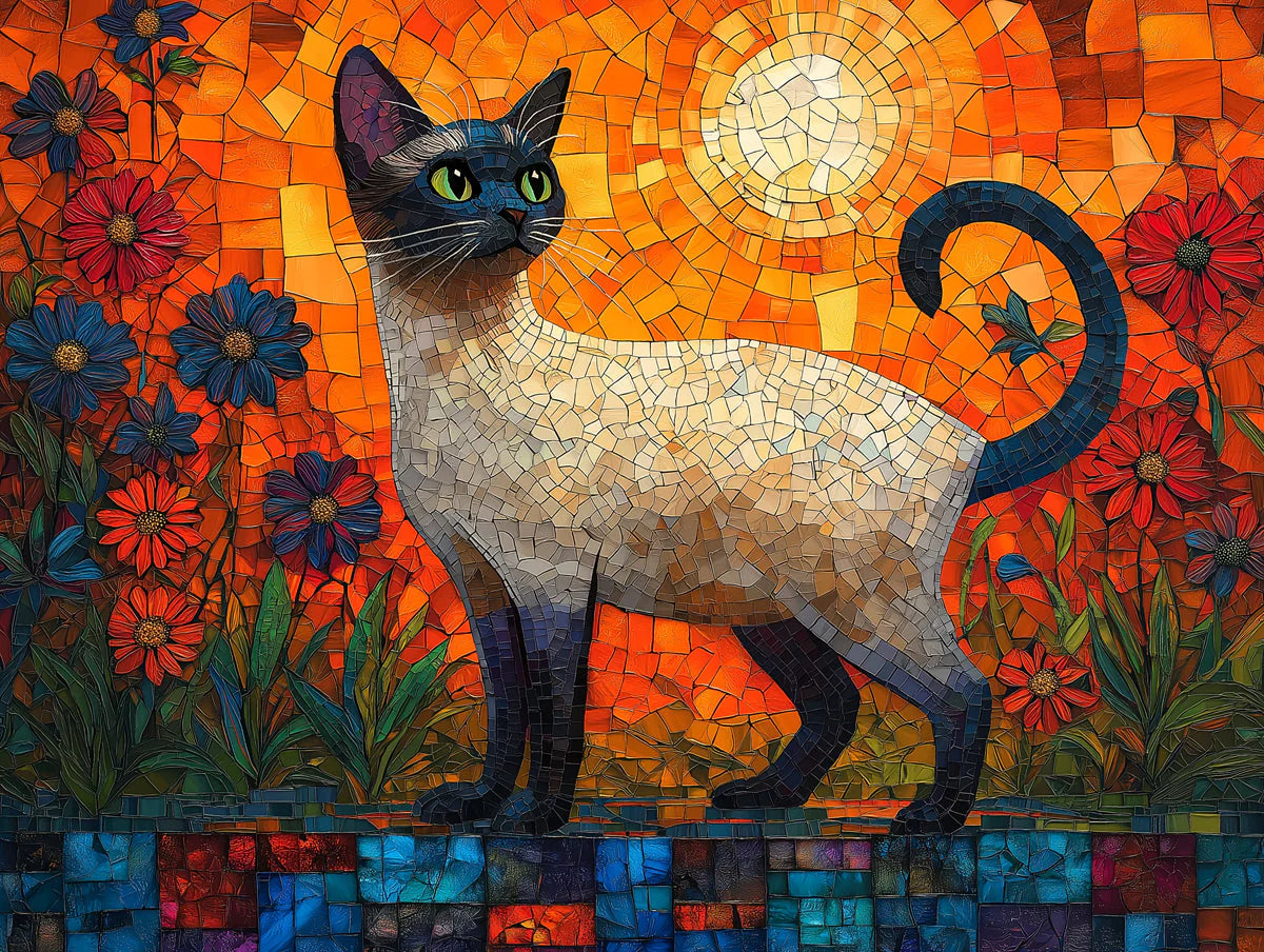 Siamese Cat Mosaic Mural Wallpaper — Vibrant Floral Garden Design Mural Wallpaper - room preview 02