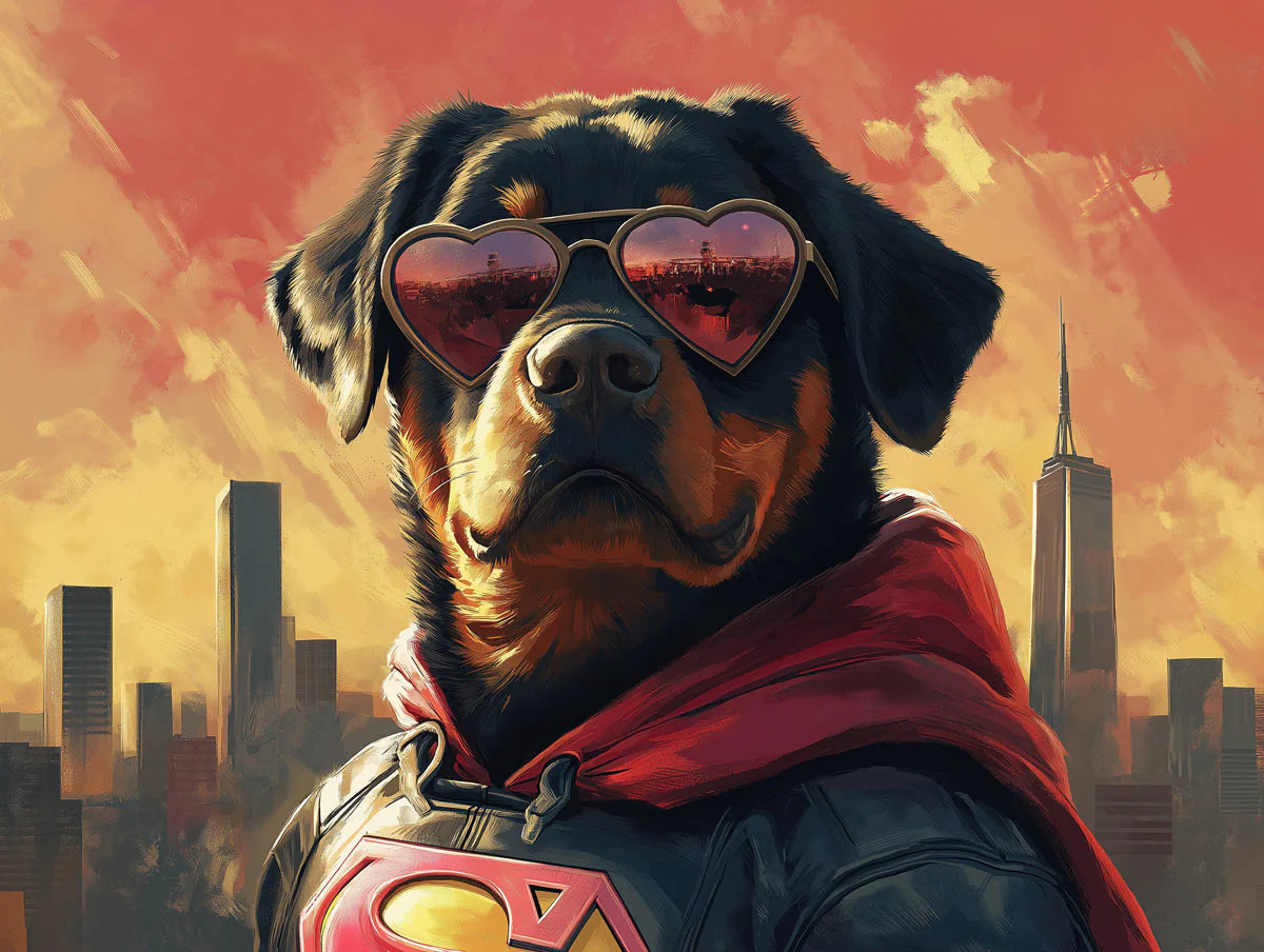 Super Hero Dog Cityscape Mural Wallpaper — Urban Sunset Graphic Mural Wallpaper - room preview 02