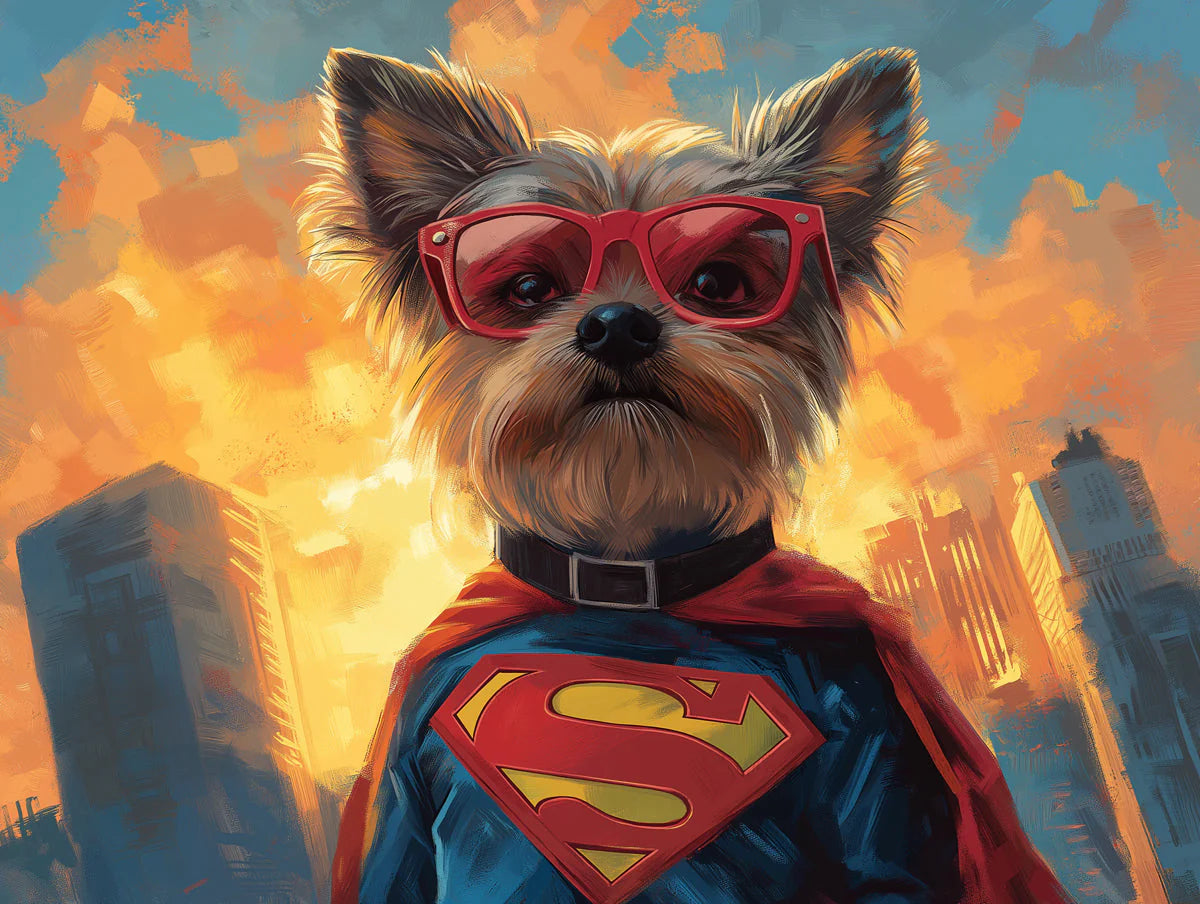 Superhero Terrier Mural Wallpaper — Playful Cityscape Design Mural Wallpaper - room preview 02