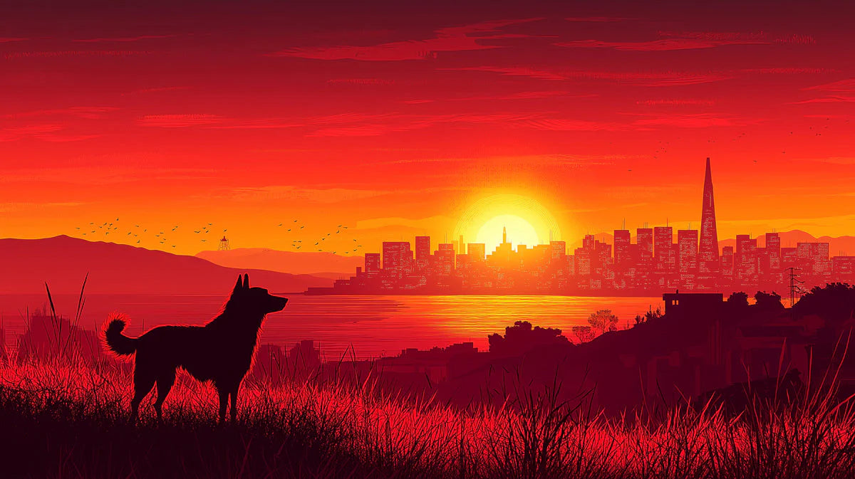 Dog Watching Sunset Cityscape Mural Wallpaper — Warm Red Tones Mural Wallpaper - room preview 02