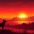 Dog Watching Sunset Cityscape Mural Wallpaper — Warm Red Tones Mural Wallpaper - room preview 02