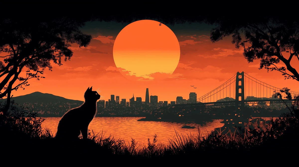 Cat Watching Sunset Cityscape Mural Wallpaper — Urban Silhouette Mural Wallpaper - room preview 02