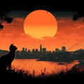 Cat Watching Sunset Cityscape Mural Wallpaper — Urban Silhouette Mural Wallpaper - room preview 02