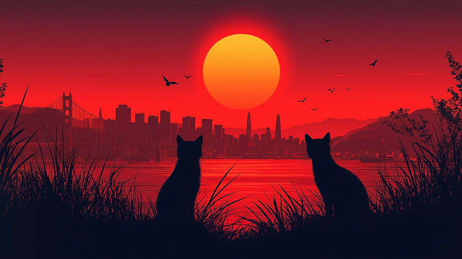 Sunset Wallpaper Mural – Golden Hour Wall Mural – Cat Silhouette Cityscape — Warm Sunset Glow printable artwork