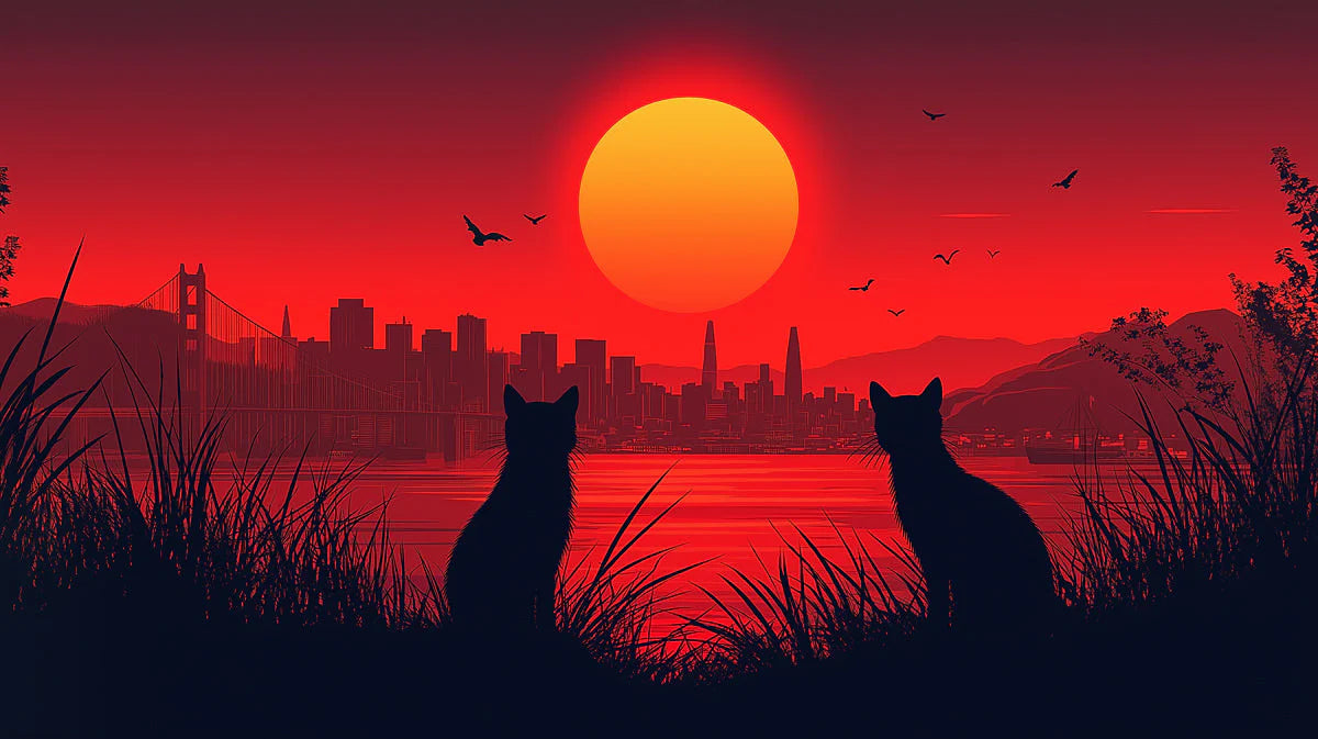 Cat Silhouette Cityscape Mural Wallpaper — Warm Sunset Glow Mural Wallpaper - room preview 02