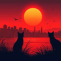 Cat Silhouette Cityscape Mural Wallpaper — Warm Sunset Glow Mural Wallpaper - room preview 02