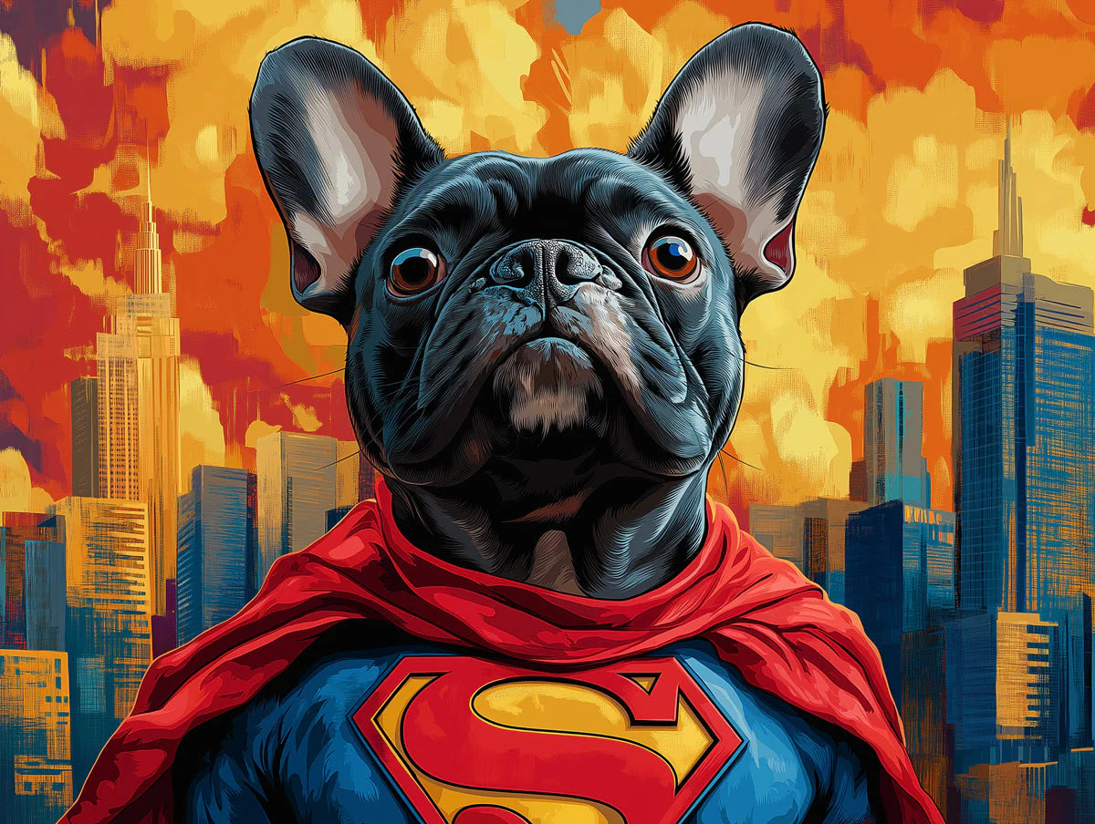Superhero Frenchie Mural Wallpaper — Vibrant Cityscape Graphic Mural Wallpaper - room preview 02