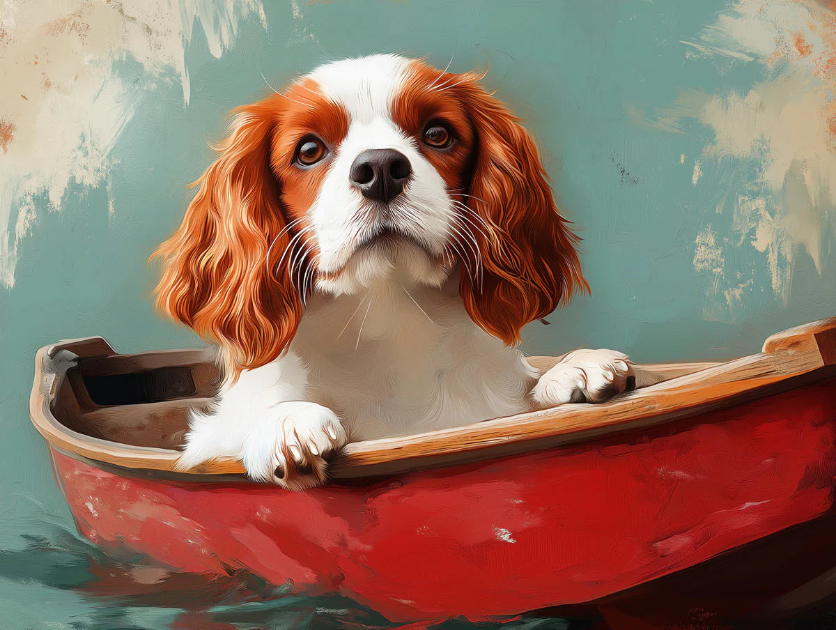 Cavalier Spaniel in Red Boat Mural Wallpaper — Artistic Whimsy Mural Wallpaper - room preview 02