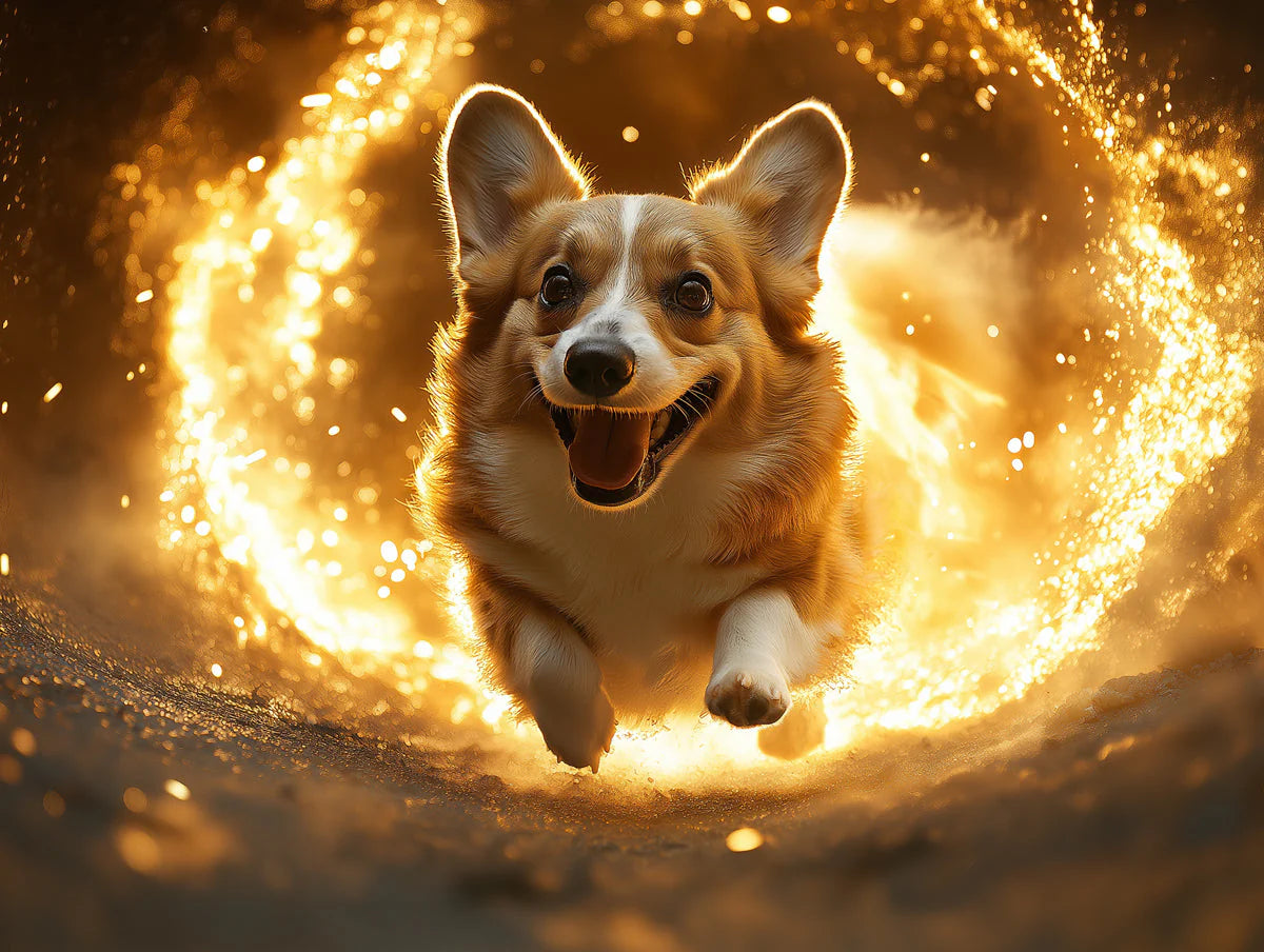 Magical Corgi Portal Mural Wallpaper — Whimsical Gold Glow Mural Wallpaper - room preview 02