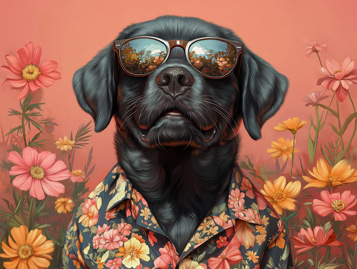 Cool Labrador in Floral Shirt Mural Wallpaper — Whimsical Design Mural Wallpaper - room preview 02