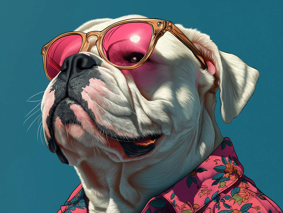 Cool Bulldog Mural Wallpaper with Floral Shirt and Pink Shades Mural Wallpaper - room preview 02