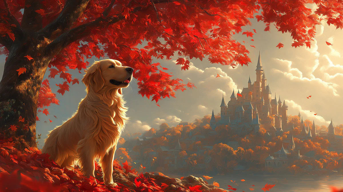 Autumn Golden Retriever Mural Wallpaper — Enchanted Castle Scene Mural Wallpaper - room preview 02