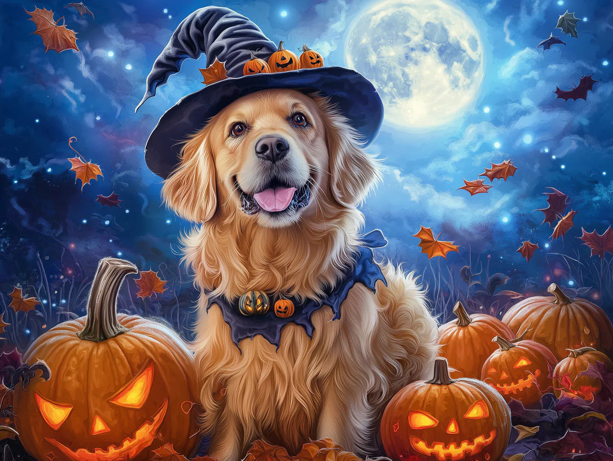 Halloween Golden Retriever Mural Wallpaper — Spooky Autumn Night Mural Wallpaper - room preview 02