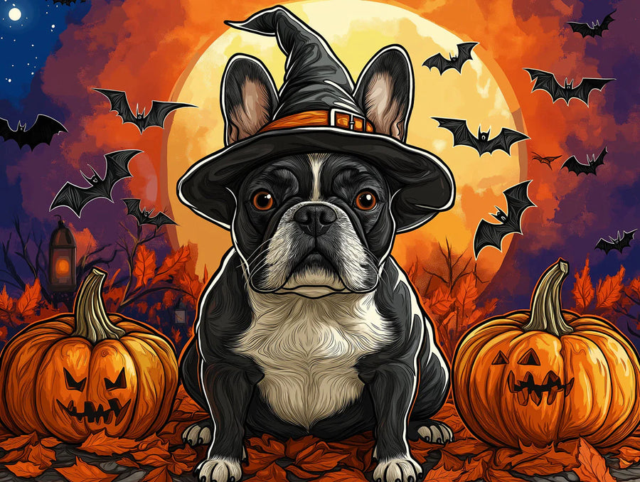 Kids Room Wallpaper Mural – Children Wall Mural – Witchy Frenchie Halloween — Playful Seasonal Decor printable artwork