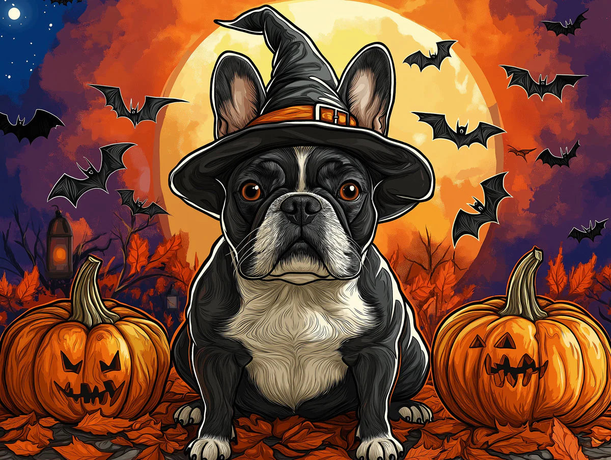 Witchy Frenchie Halloween Mural Wallpaper — Playful Seasonal Decor Mural Wallpaper - room preview 02