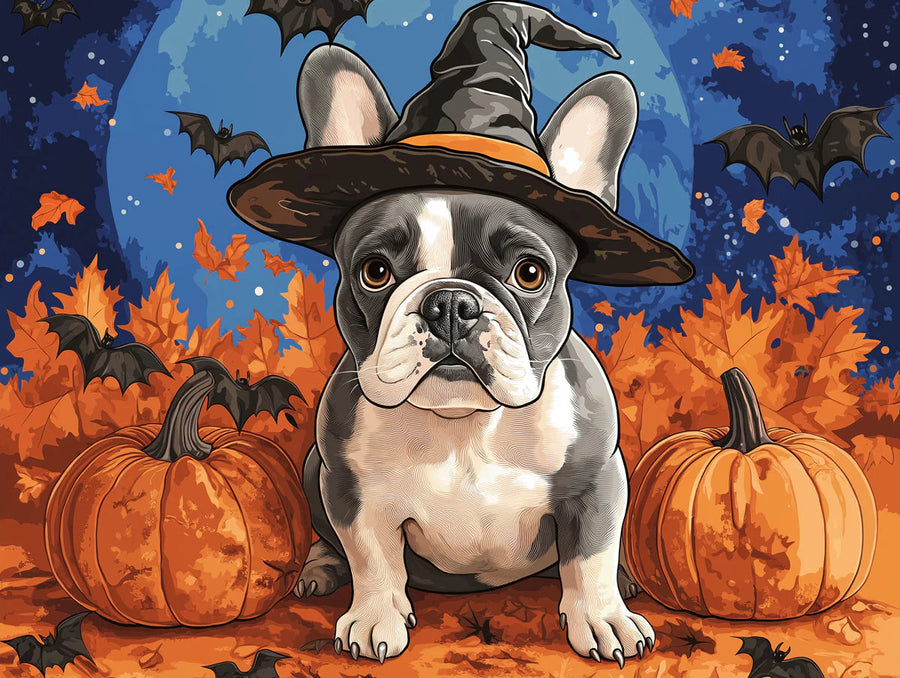 Papier peint mural Halloween Sorcière Frenchie — Papier peint mural décoratif ludique et effrayant printable artwork
