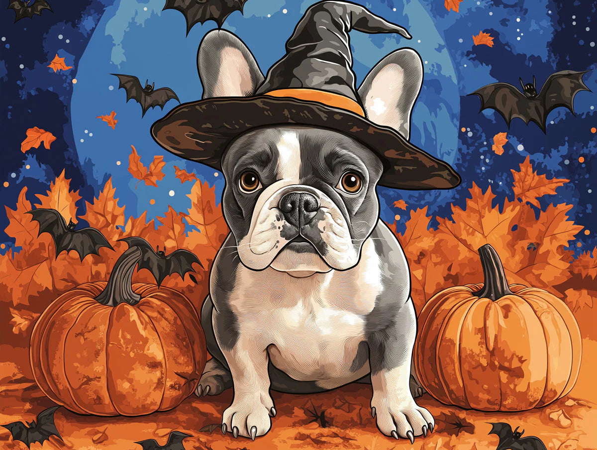 Frenchie Witch Halloween Mural Wallpaper — Playful Spooky Decor Mural Wallpaper - room preview 02