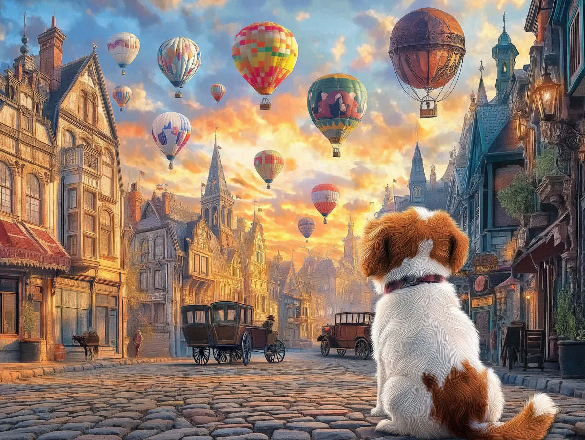 Balloon Town Adventure Mural Wallpaper — Whimsical Sunset Scene Mural Wallpaper - room preview 02