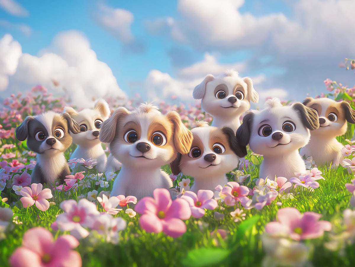 Puppy Meadow Mural Wallpaper — Whimsical Garden Scene Mural Wallpaper - room preview 02