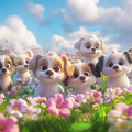 Puppy Meadow Mural Wallpaper — Whimsical Garden Scene Mural Wallpaper - room preview 02
