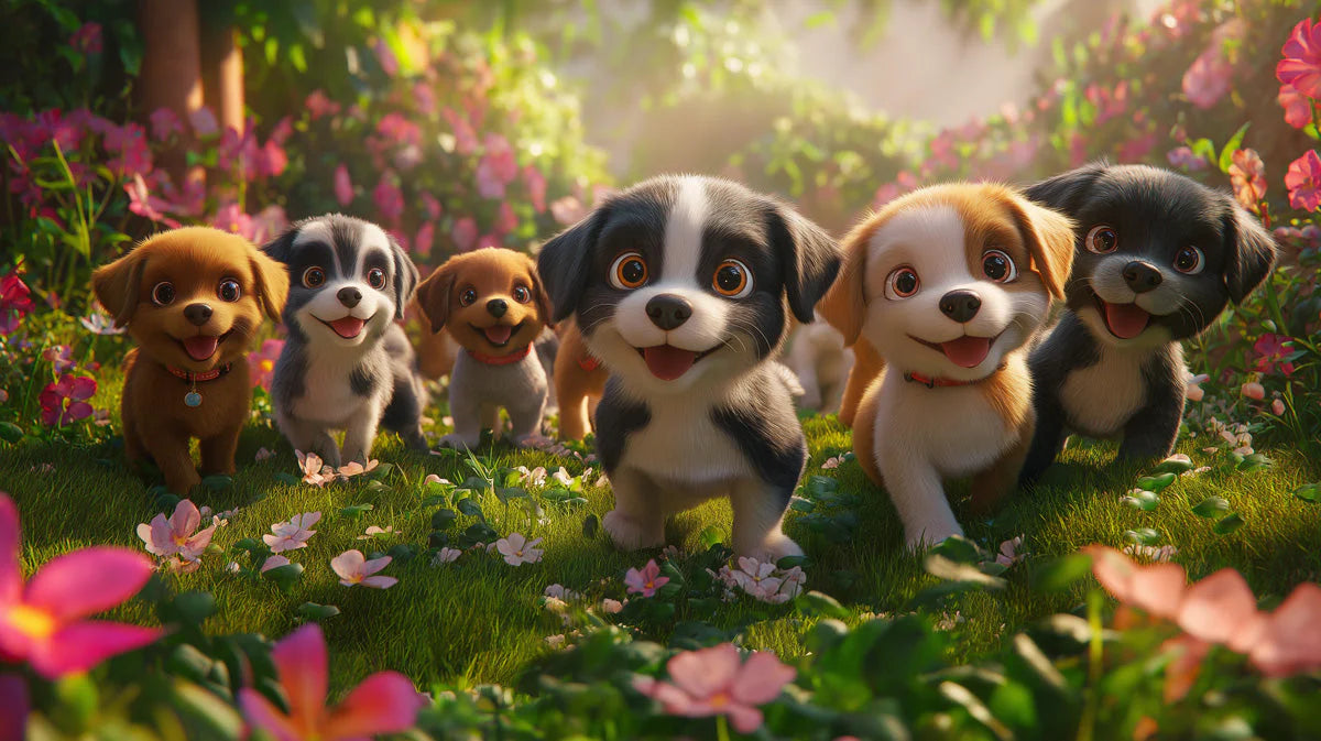 Puppy Meadow Playtime Mural Wallpaper — Whimsical Floral Design Mural Wallpaper - room preview 02