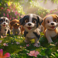Puppy Meadow Playtime Mural Wallpaper — Whimsical Floral Design Mural Wallpaper - room preview 02