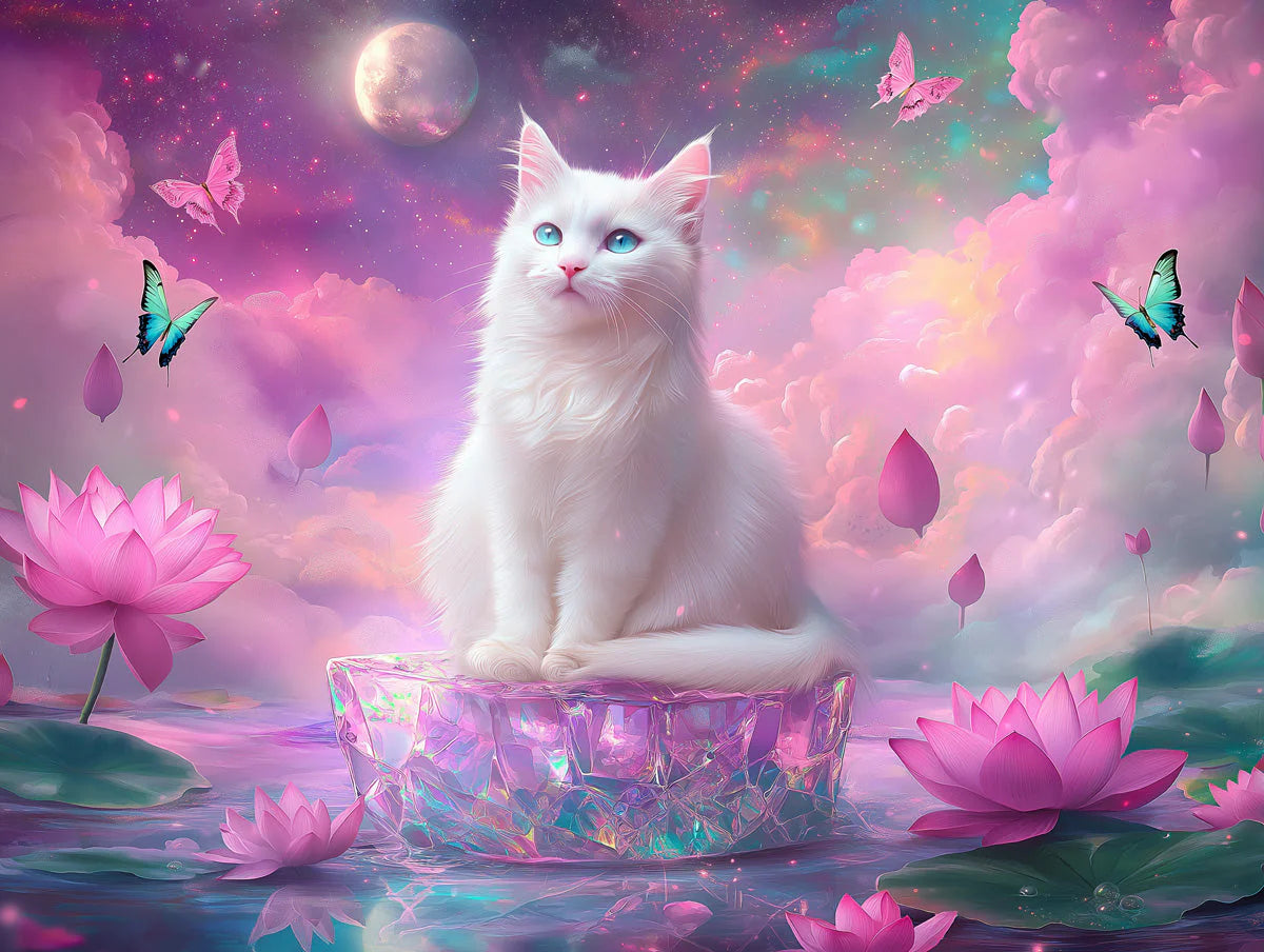Cosmic White Cat Mural Wallpaper — Whimsical Fantasy Scene Mural Wallpaper - room preview 02