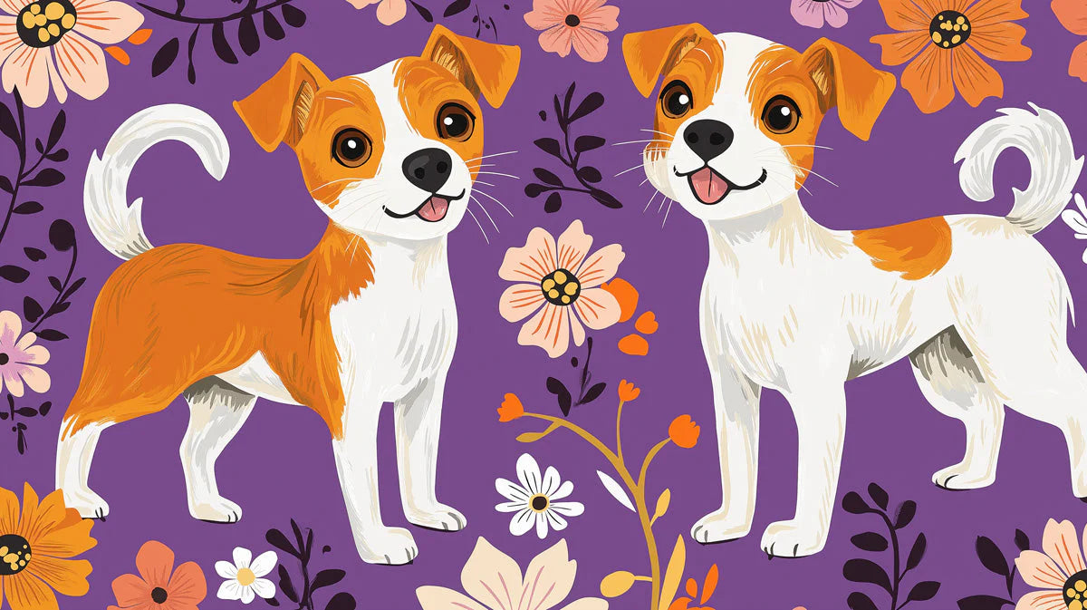 Playful Puppy Floral Mural Wallpaper — Colorful Cartoon Style Mural Wallpaper - room preview 02