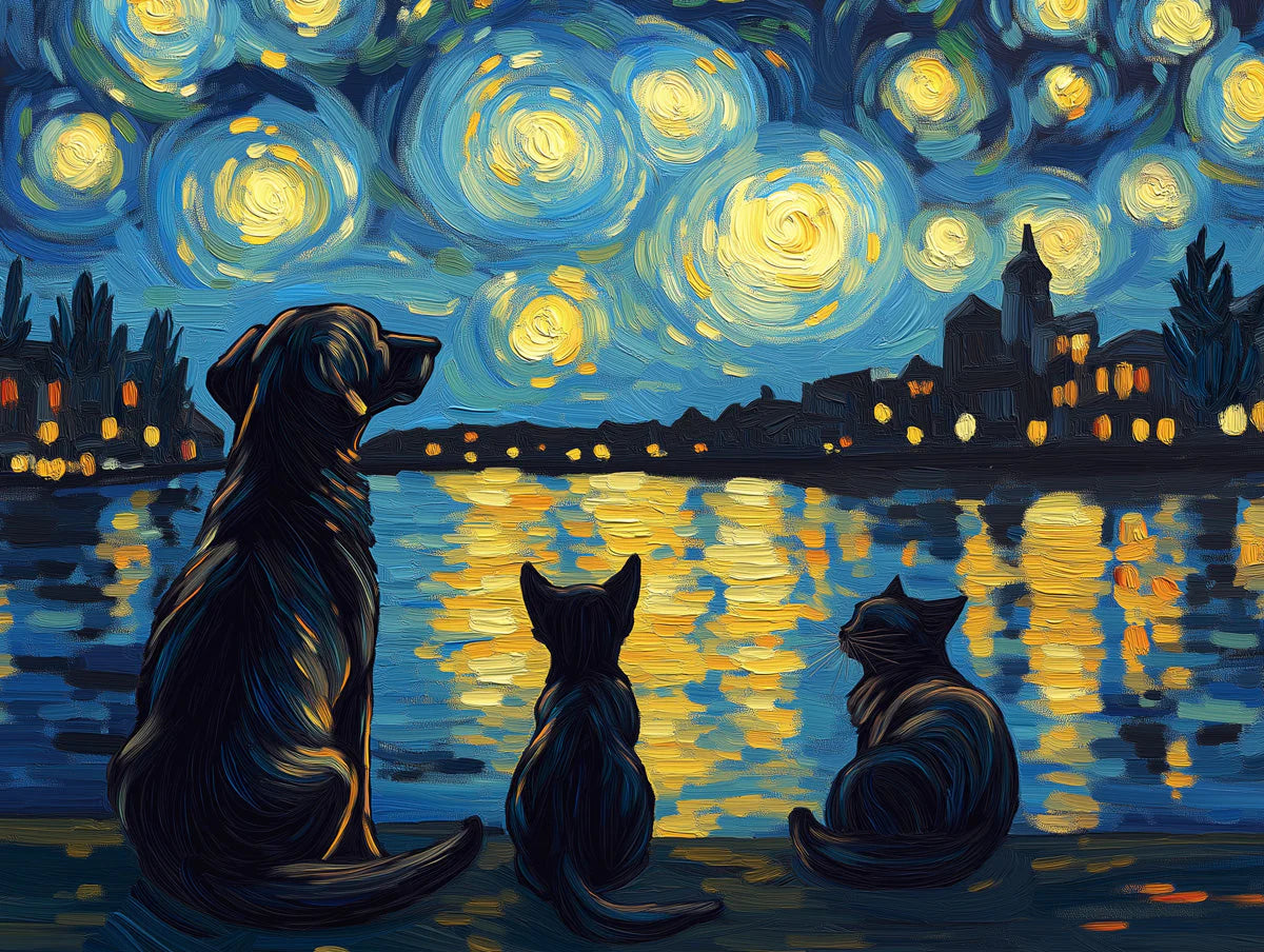 Starry Night Pet Companions Mural Wallpaper — Artistic Design Mural Wallpaper - room preview 02