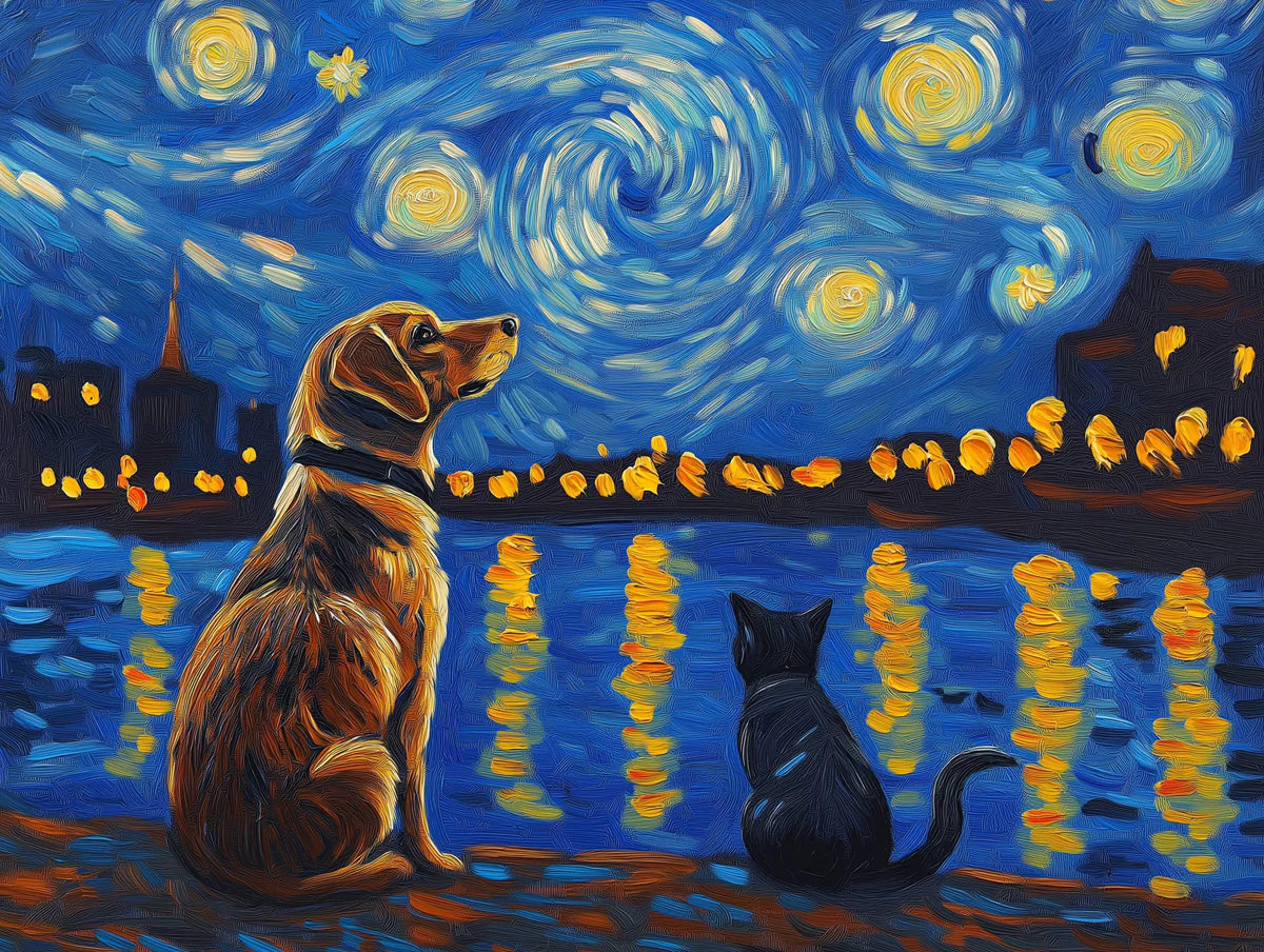 Starry Night Pet Companions Mural Wallpaper — Artistic Design Mural Wallpaper - room preview 02