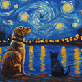 Starry Night Pet Companions Mural Wallpaper — Artistic Design Mural Wallpaper - room preview 02