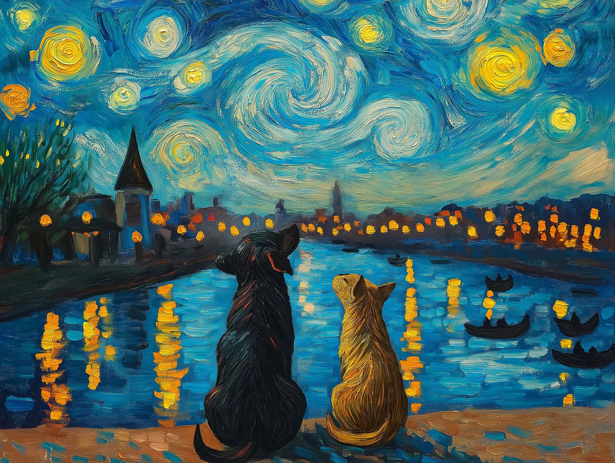 Starry Night Dogs Mural Wallpaper — Impressionist Art Wall Decor Mural Wallpaper - room preview 02