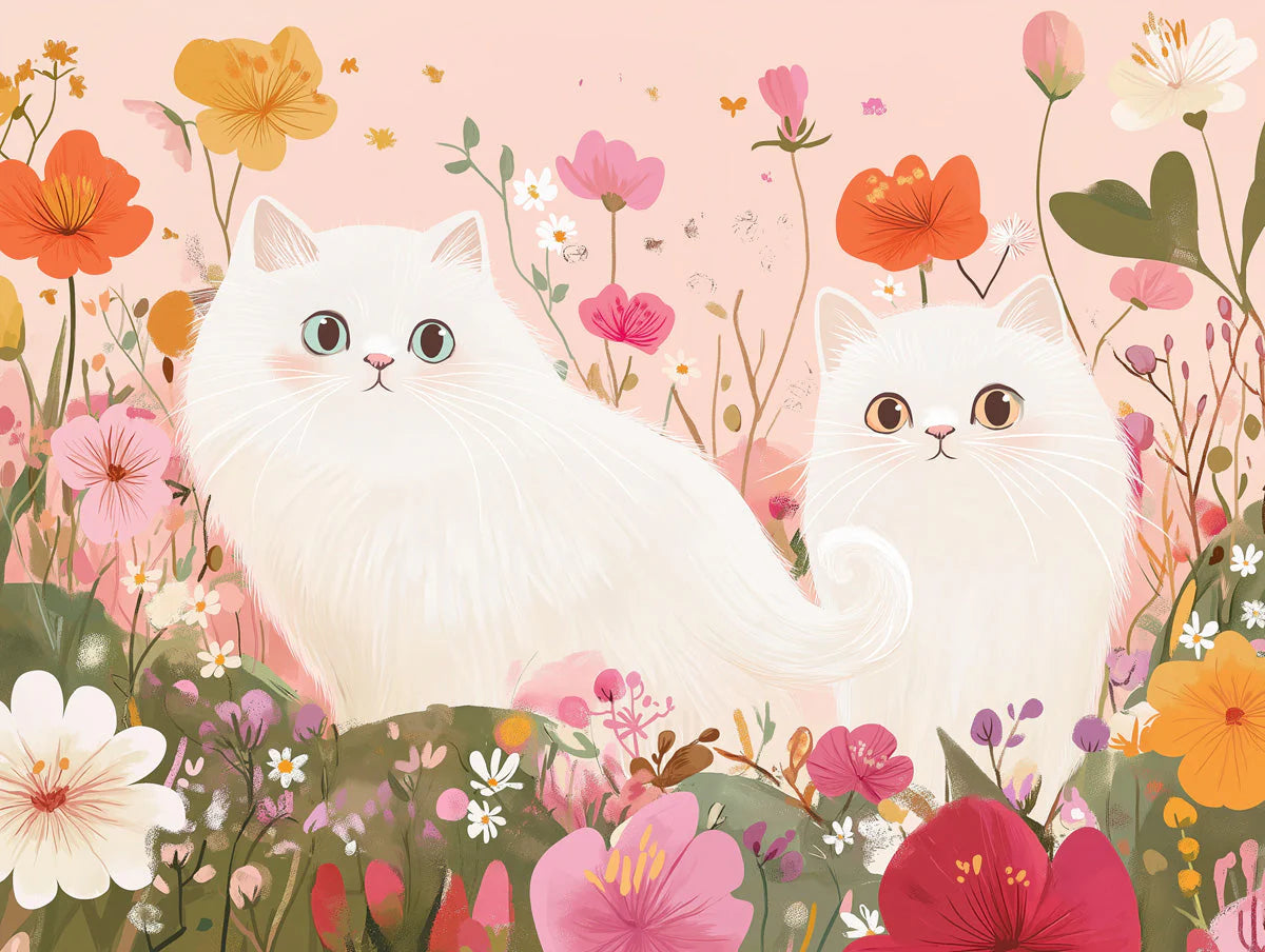 White Persian Cats in Floral Meadow Mural Wallpaper - room preview 02