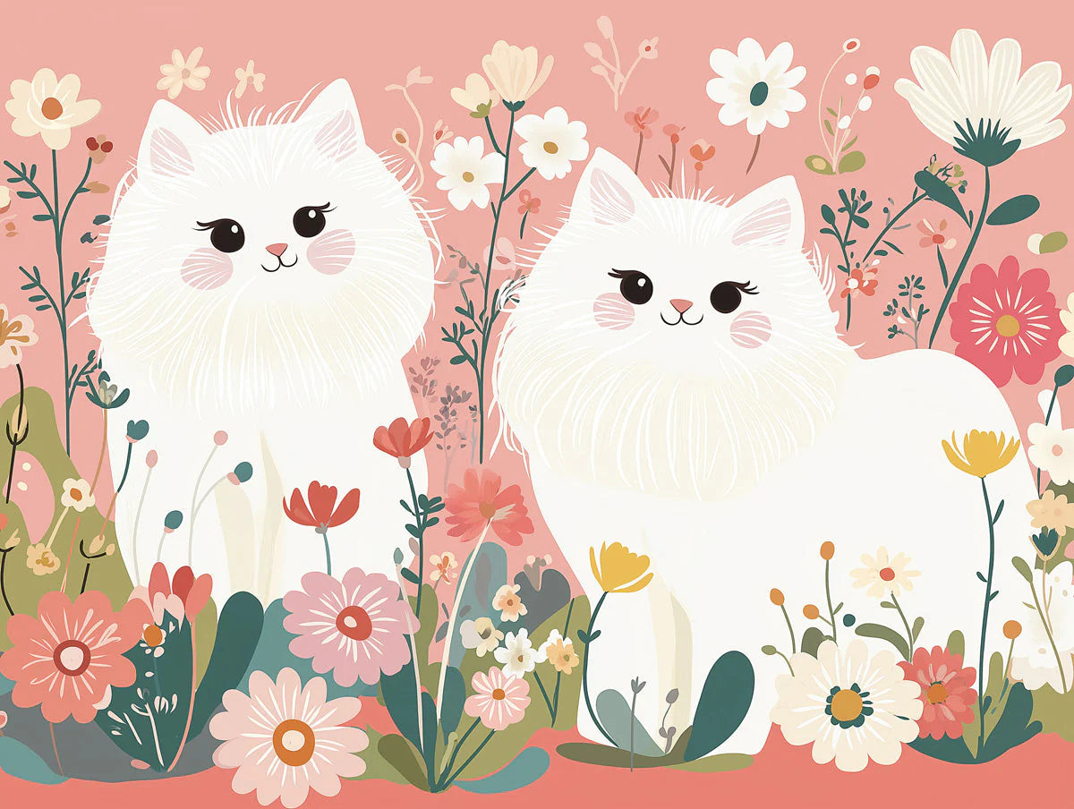 Fluffy Cats in Floral Wonderland Mural Wallpaper — Whimsical Style Mural Wallpaper - room preview 02