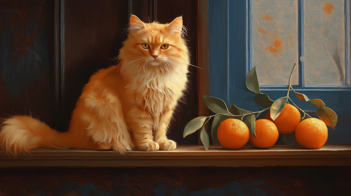 Ginger Cat and Citrus Still Life Mural Wallpaper —Painterly Style Mural Wallpaper - room preview 02