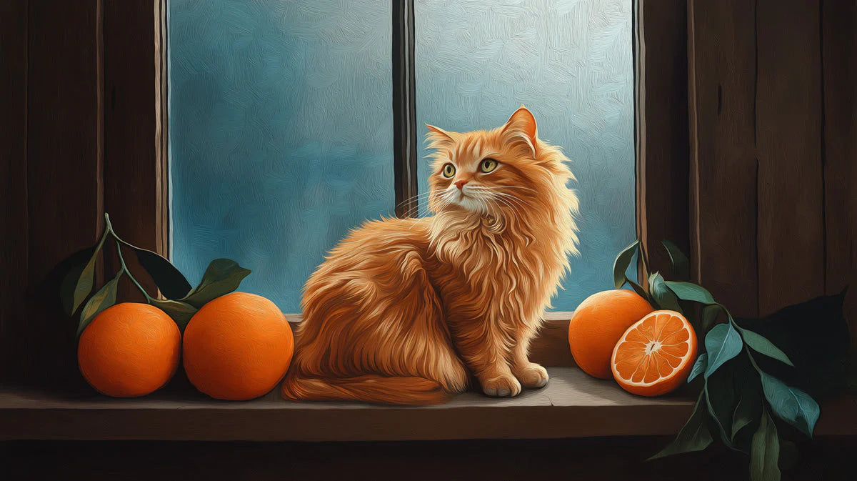 Ginger Cat and Oranges Mural Wallpaper —Cozy Artistic Style Mural Wallpaper - room preview 02