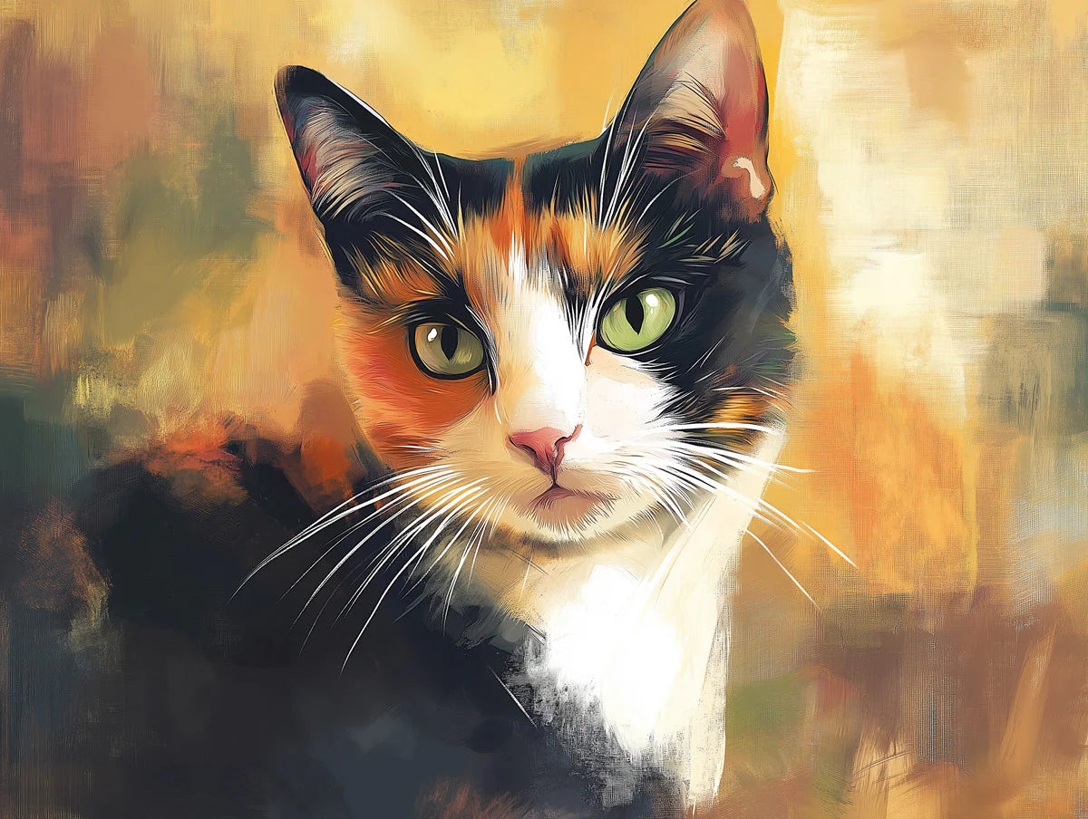 Calico Cat Artistic Mural Wallpaper — Painterly Animal Portrait Mural Wallpaper - room preview 02