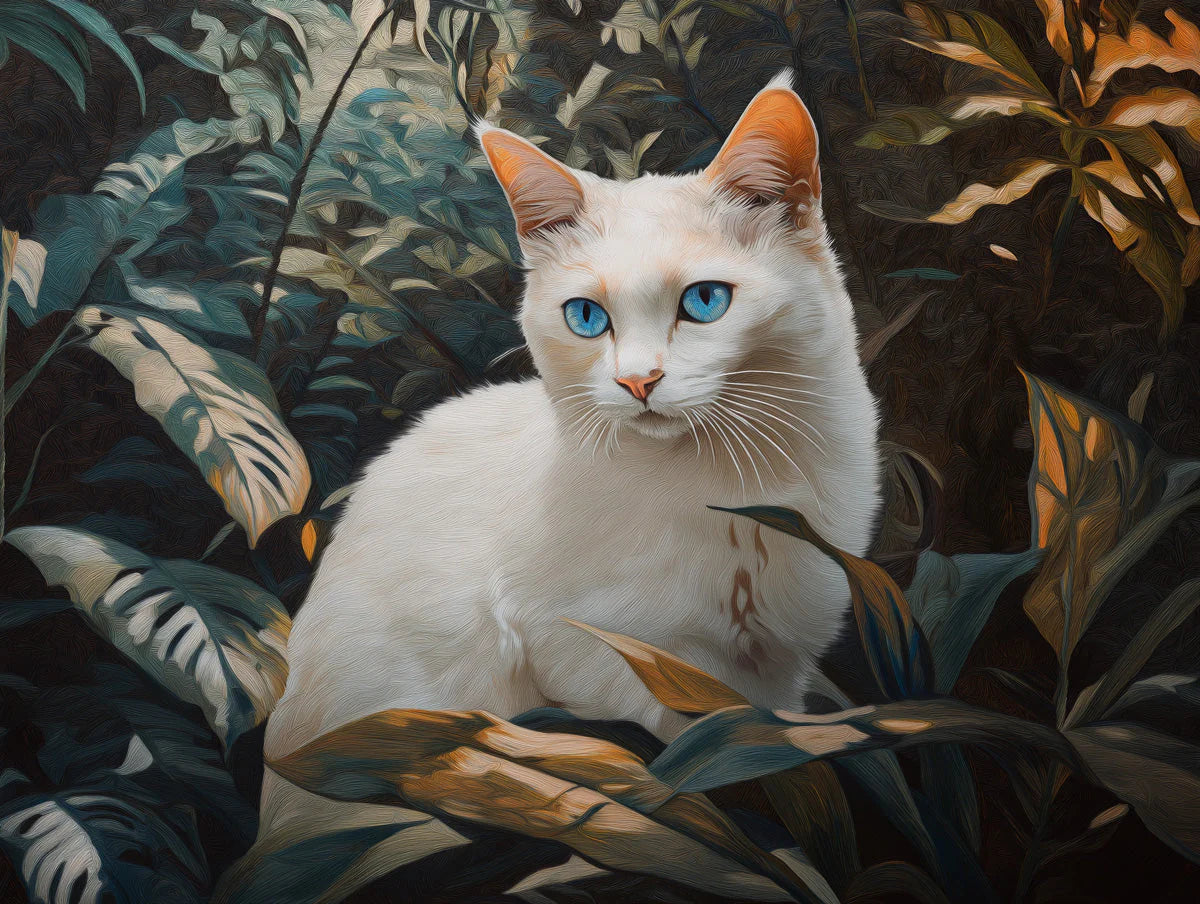 White Cat Tropical Foliage Mural Wallpaper — Painted Style Mural Wallpaper - room preview 02