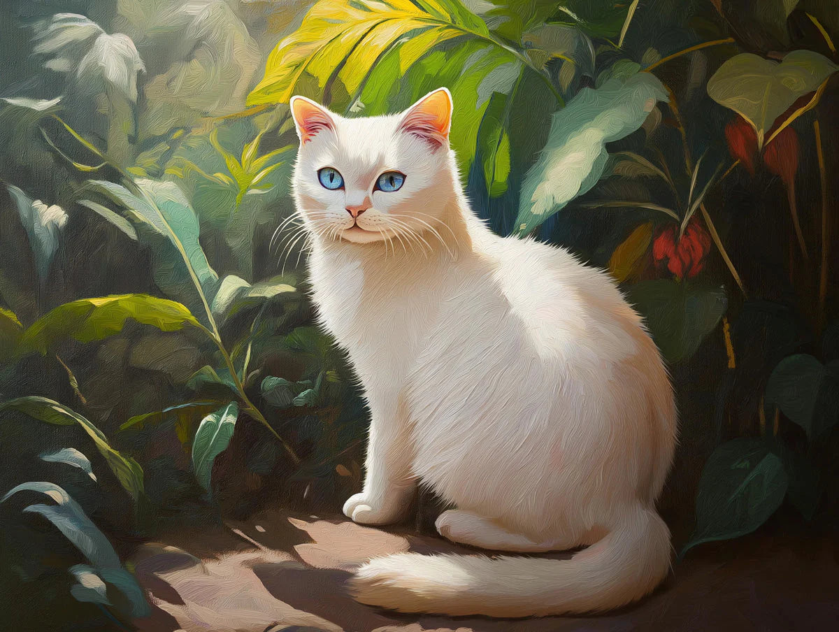 White Cat Tropical Jungle Mural Wallpaper — Painterly Style Mural Wallpaper - room preview 02