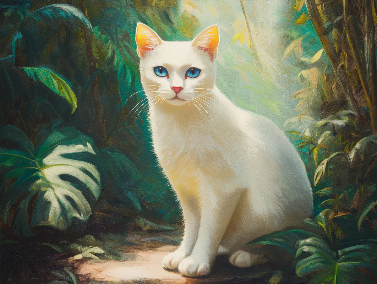 White Cat in Tropical Foliage Mural Wallpaper - room preview 02