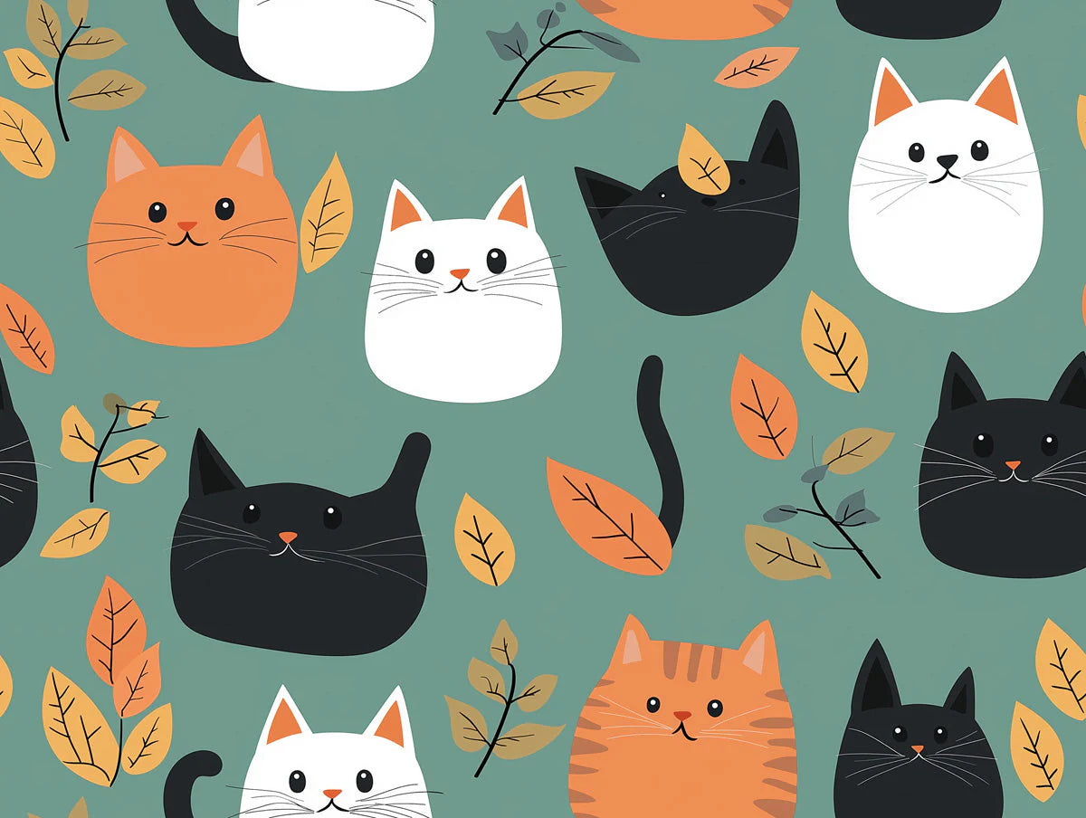 Playful Cat and Foliage Mural Wallpaper — Whimsical Cartoon Pattern Mural Wallpaper - room preview 02
