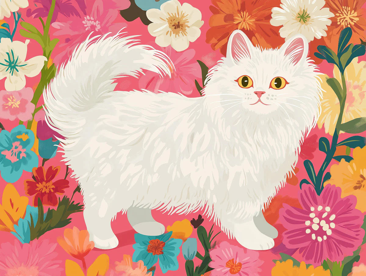 White Persian Cat Floral Mural Wallpaper — Whimsical Garden Art Mural Wallpaper - room preview 02