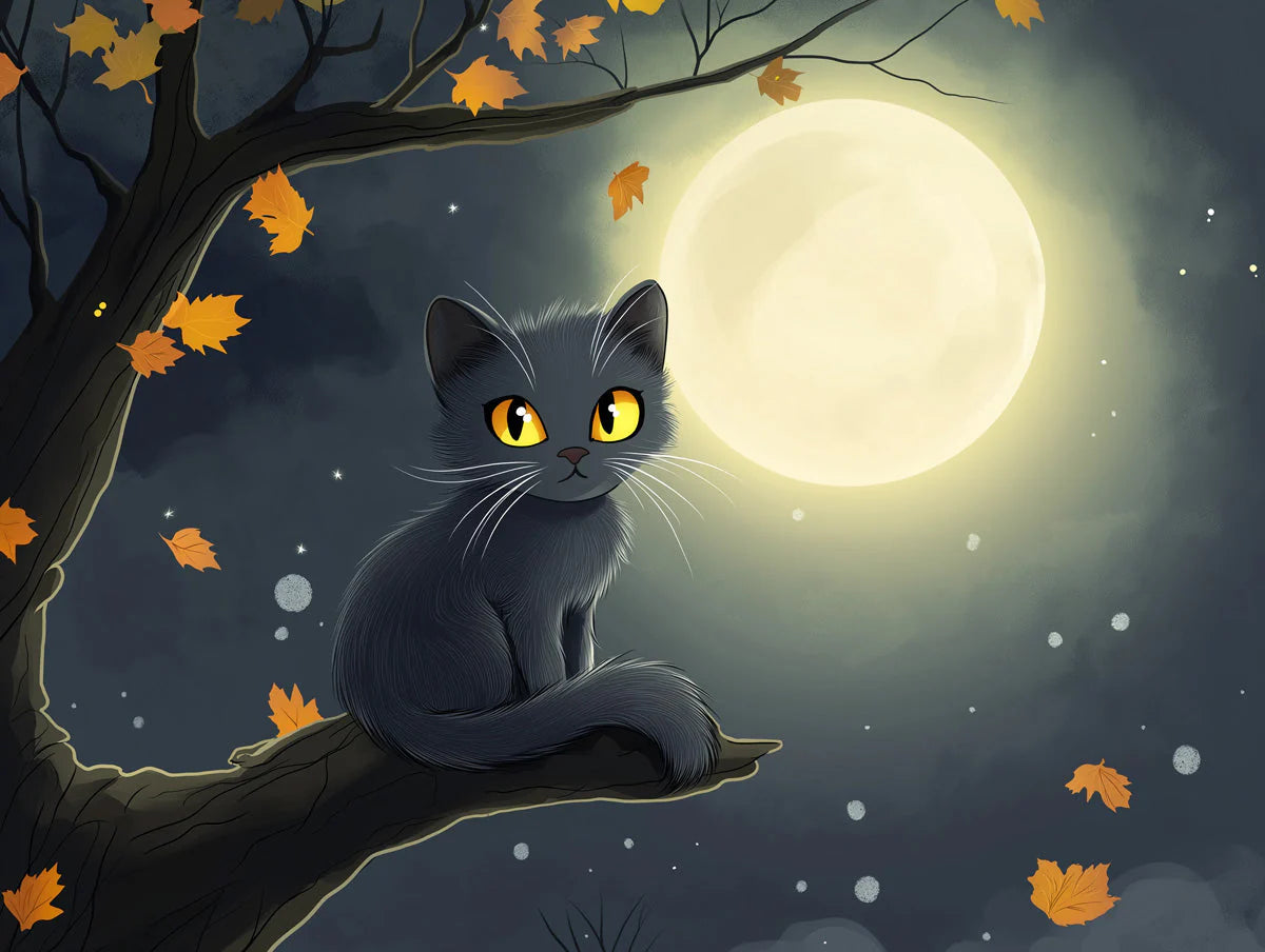 Black Cat and Autumn Moon Mural Wallpaper — Whimsical Night Scene Mural Wallpaper - room preview 02