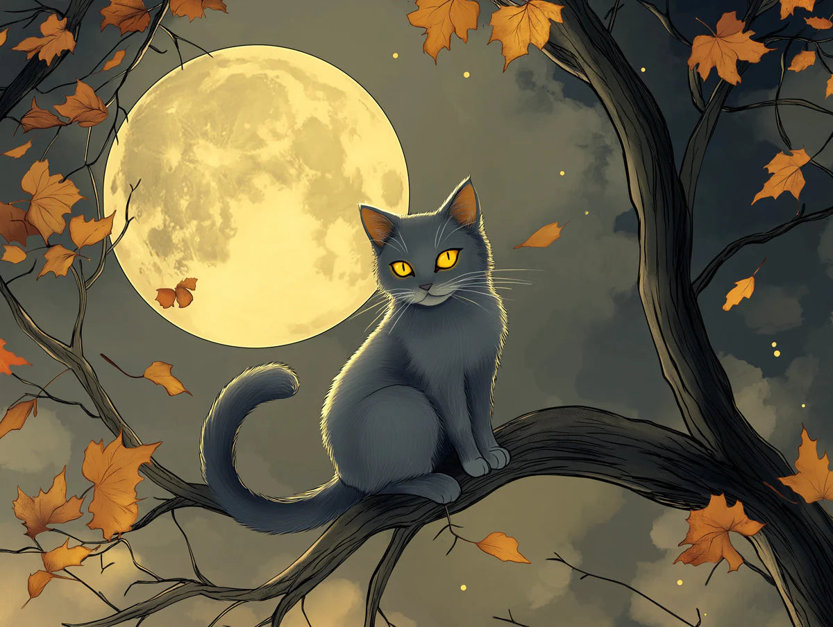Moonlit Cat Autumnal Forest Mural Wallpaper — Whimsical Night Scene Mural Wallpaper - room preview 02