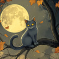Moonlit Cat Autumnal Forest Mural Wallpaper — Whimsical Night Scene Mural Wallpaper - room preview 02