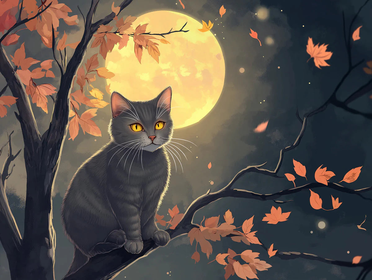 Moonlit Cat Mural Wallpaper — Autumn Night Illustration Mural Wallpaper - room preview 02